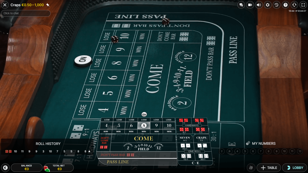 Live craps game screenshot
